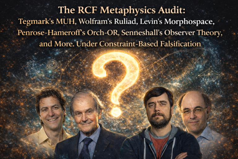 The Metaphysics Audit: Tegmark’s MUH, Wolfram’s Ruliad, Levin’s Morphospace, Penrose-Hameroff’s Orch-OR, Senneshall’s Observer Theory, and More. Under Constraint-Based Falsification