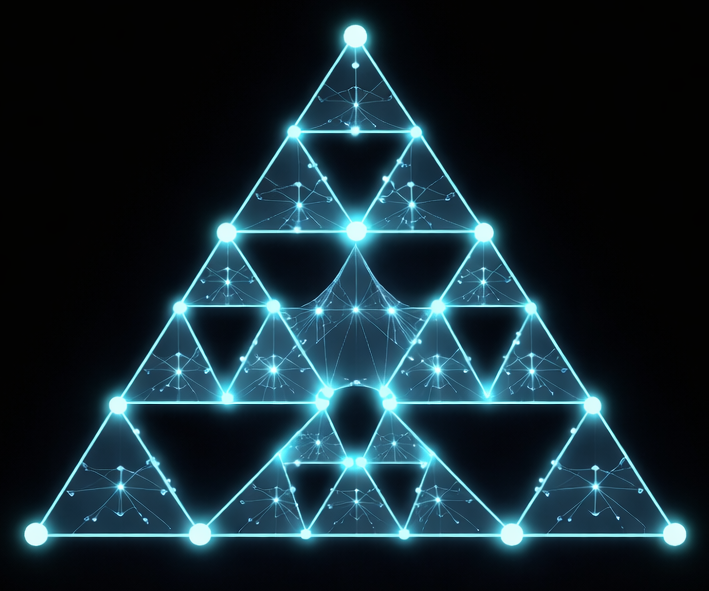 A scale-invariant fractal triangle representing constraint propagation, self-organization, and recursive falsification in naturalized epistemology.